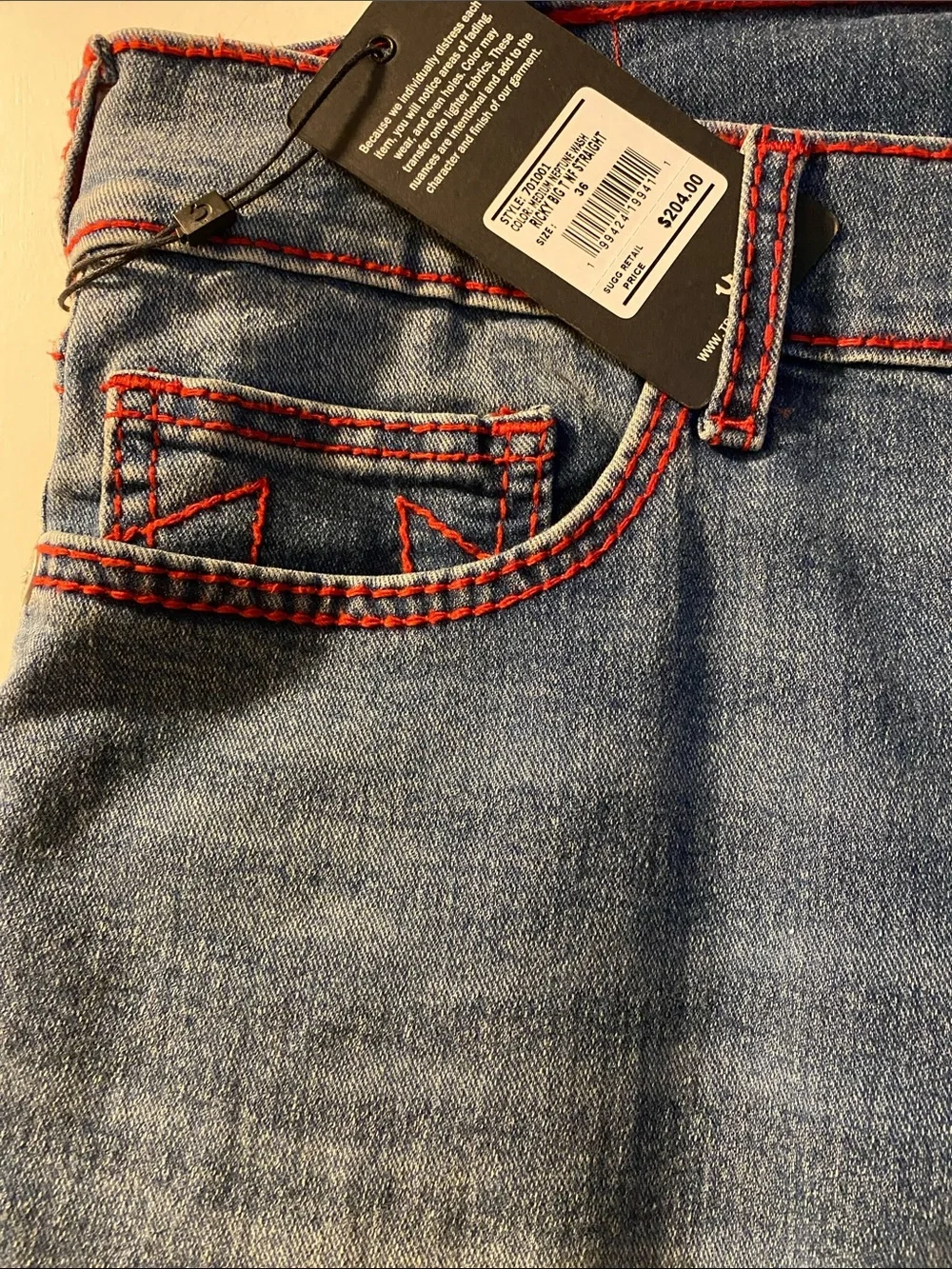 True Religion Relaxed Straight Cotton Stretch Red Stitching Jeans NWT